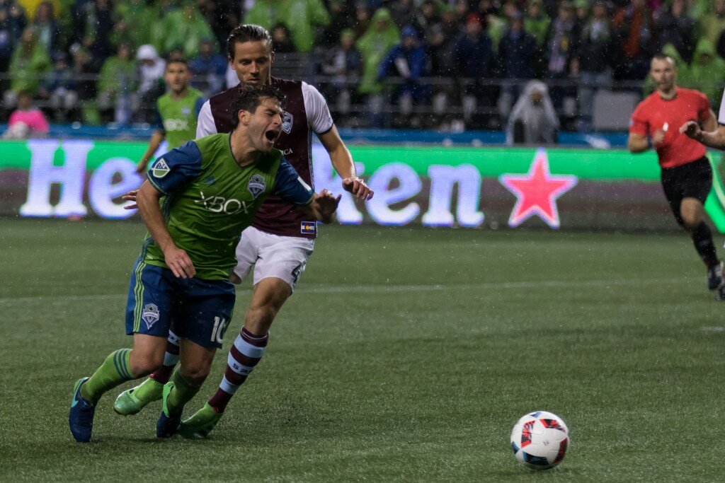 Nicolas Lodeiro converts penalty to give Sounders 2-1 lead.